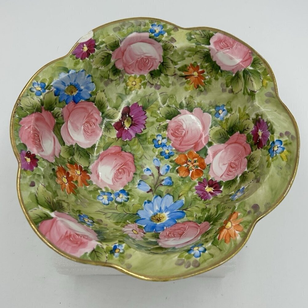 Japanese Nippon Porcelain Bowl Hand Painted Floral Decorations Gold Trim Antique